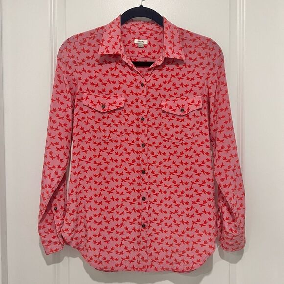 Fossil Vintage Women's 100% Silk Button Up Shirt Pink/Red Bird Print Sz. XS - Picture 2 of 10